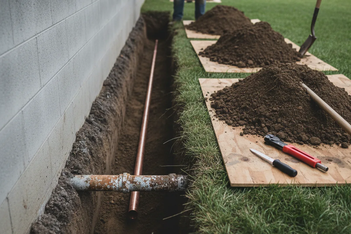 Excavated water line trench during Water Heater Repair in Enosburg Falls